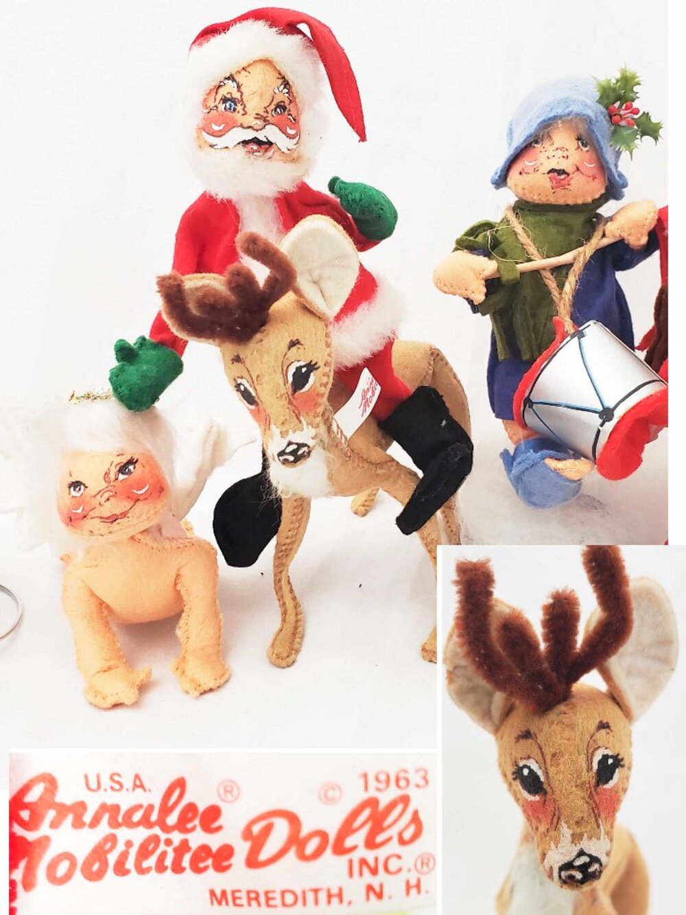 Vintage 60s Annalee Mobilitee Dolls Christmas Santa Claus Rudolf Angel Deco